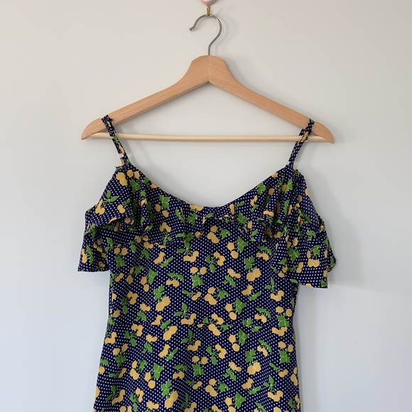 Navy Blue Polka Dot Cold Shoulder Dress - Picture 2 of 15